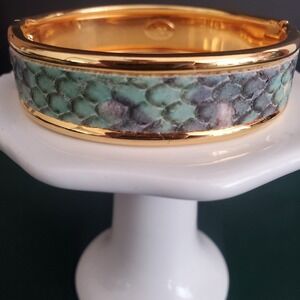Vintage Joan Rivers Hinged Bangle Faux‎ Python Gold Tone Green & Blue